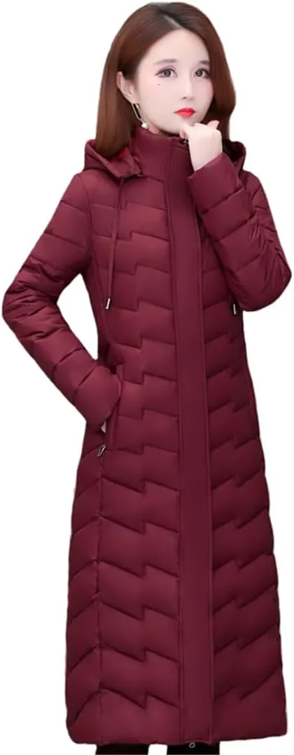 Womens Office Puffer Jacket Hooded Slim Cotton Padded Long Coat Thick Warm Outwear