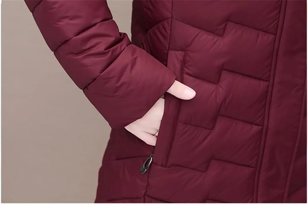 Womens Office Puffer Jacket Hooded Slim Cotton Padded Long Coat Thick Warm Outwear