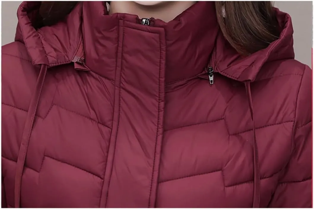 Womens Office Puffer Jacket Hooded Slim Cotton Padded Long Coat Thick Warm Outwear