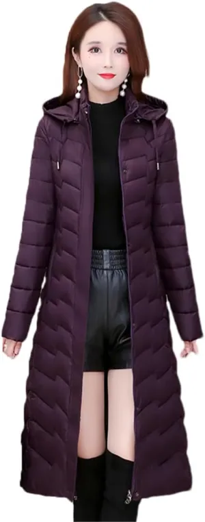 Womens Office Puffer Jacket Hooded Slim Cotton Padded Long Coat Thick Warm Outwear