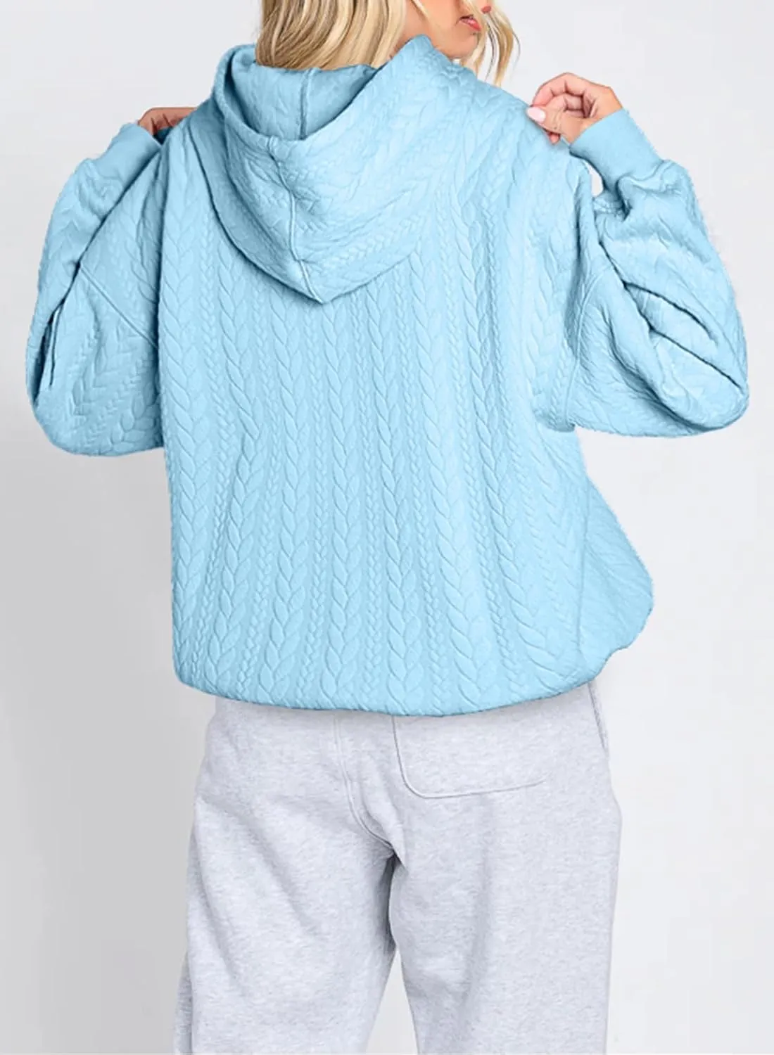 Women's Oversized Hoodies Fall Casual Quilted Long Sleeve Drawstring Hooded Sweatshirts Pullover Tops with Pocket