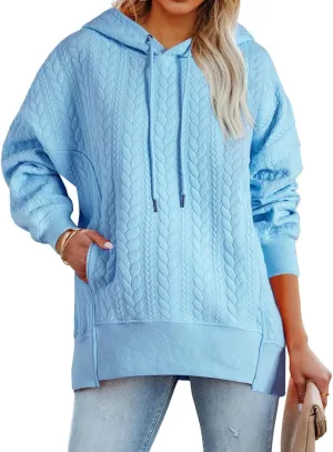 Women's Oversized Hoodies Fall Casual Quilted Long Sleeve Drawstring Hooded Sweatshirts Pullover Tops with Pocket
