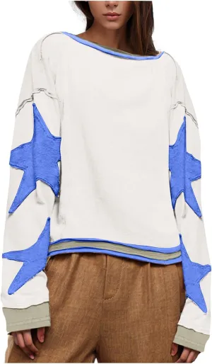 Women's Oversized Star Sweatshirt Long Sleeve Y2k Shirts Drop Shoulder Vintage Graphic Crewneck Jacket Preppy Clothes