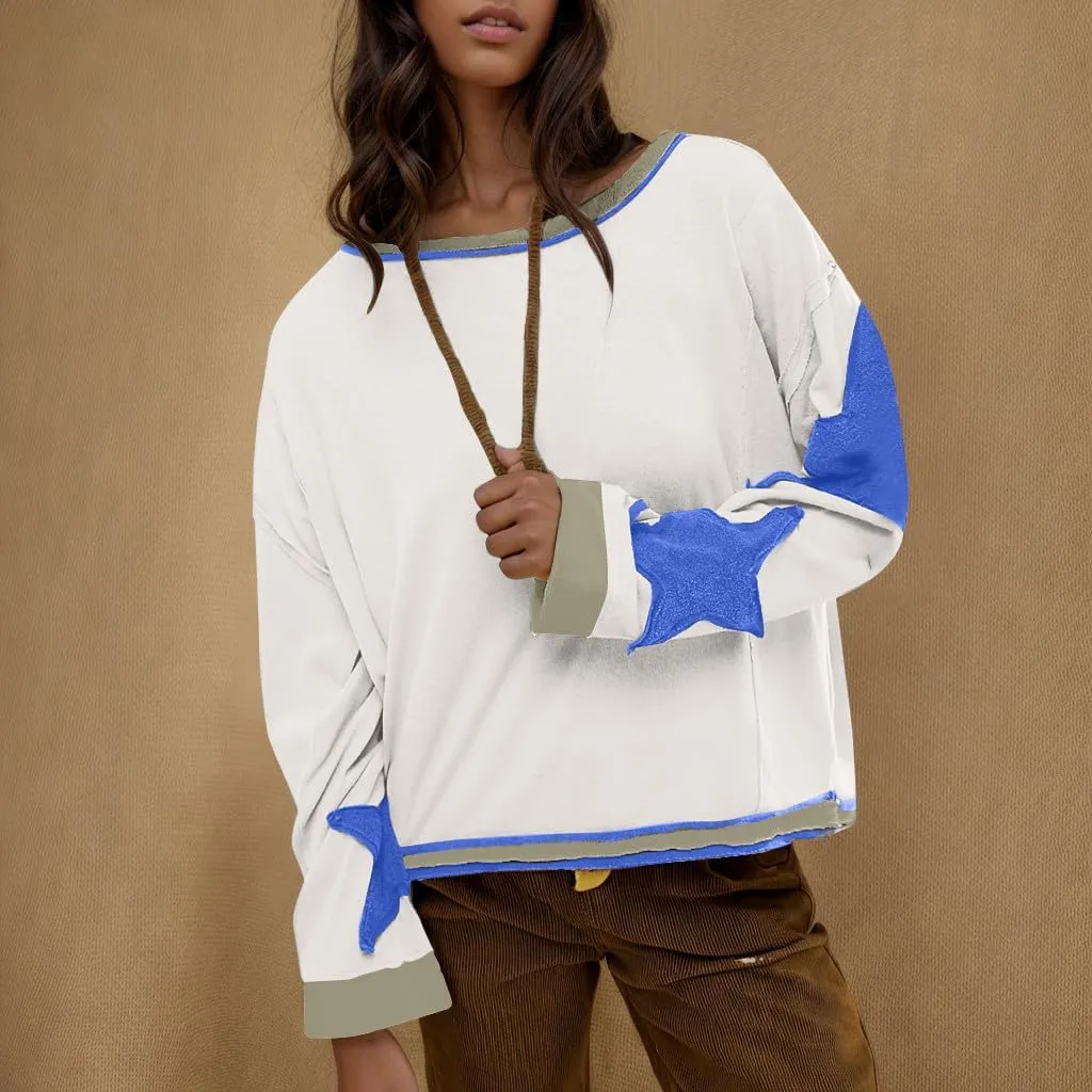 Women's Oversized Star Sweatshirt Long Sleeve Y2k Shirts Drop Shoulder Vintage Graphic Crewneck Jacket Preppy Clothes