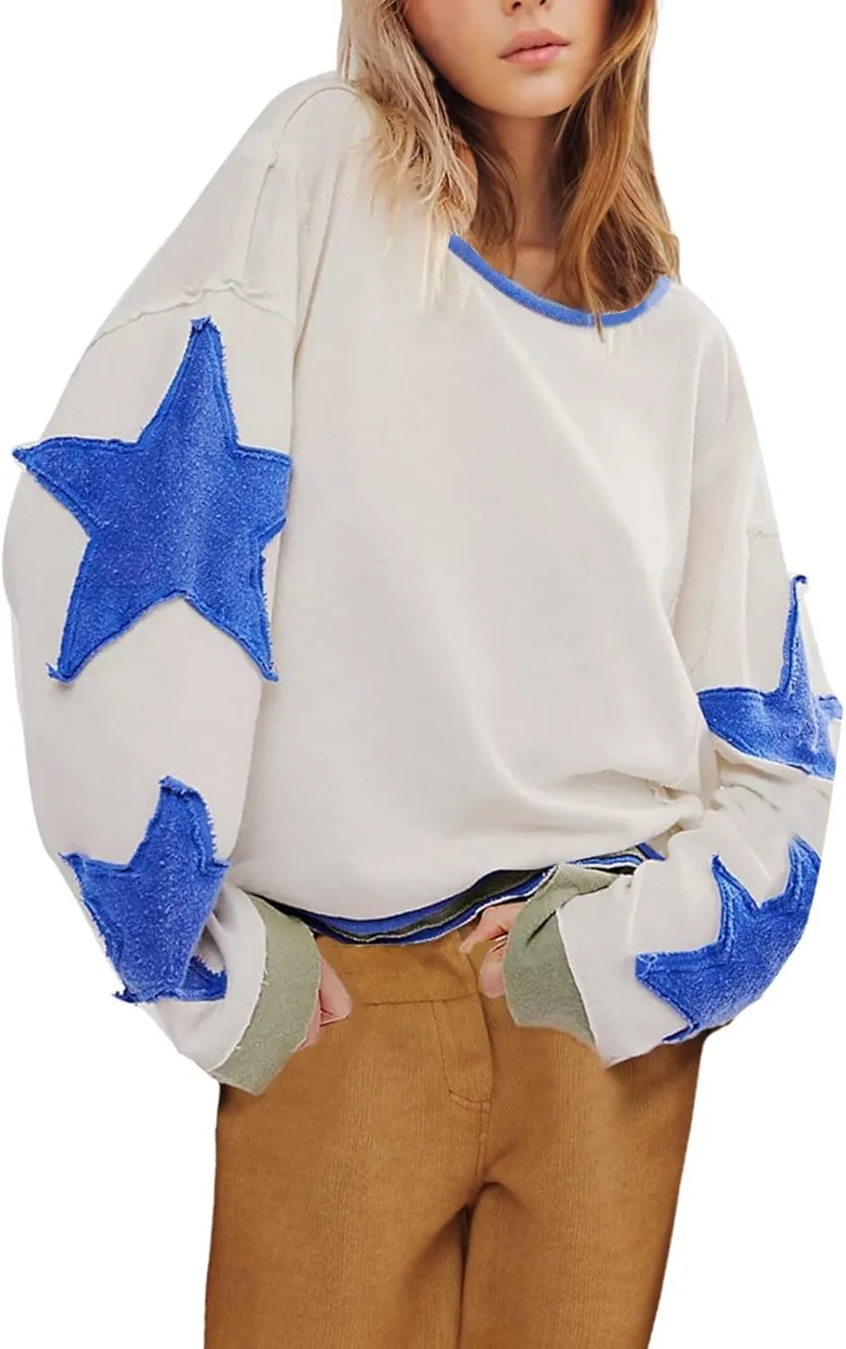 Women's Oversized Star Sweatshirt Long Sleeve Y2k Shirts Drop Shoulder Vintage Graphic Crewneck Jacket Preppy Clothes