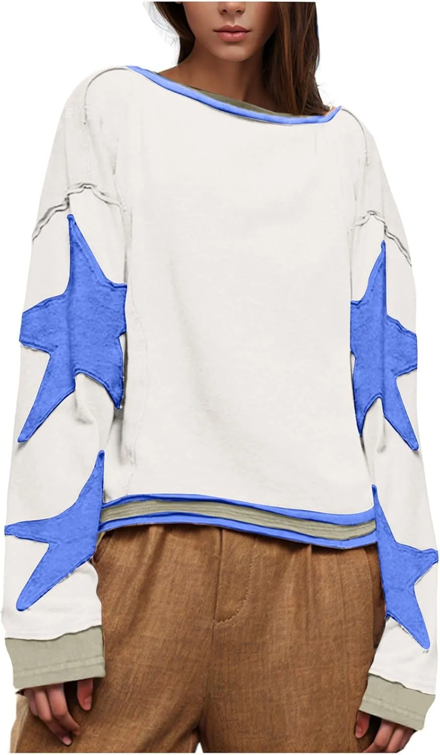 Women's Oversized Star Sweatshirt Long Sleeve Y2k Shirts Drop Shoulder Vintage Graphic Crewneck Jacket Preppy Clothes
