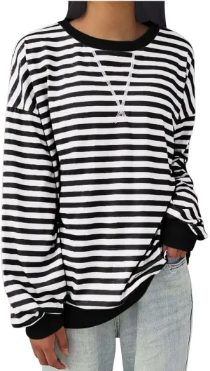 Women's Oversized Sweatshirts 2024 Fall y2k Clothes Casual Striped Pullover Tops Long Sleeve Crewneck Shirts