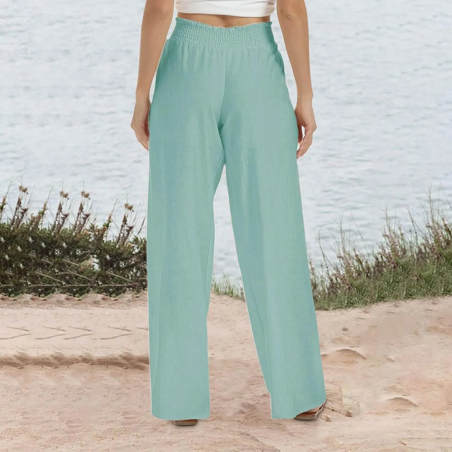 Women's Palazzo Pants High Waisted Boho Casual Drawstring Linen Pants Trousers with Pockets Linen Blend Cargo Pants