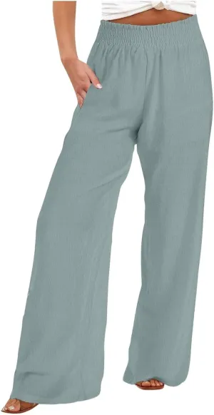 Women's Palazzo Pants High Waisted Boho Casual Drawstring Linen Pants Trousers with Pockets Linen Blend Cargo Pants