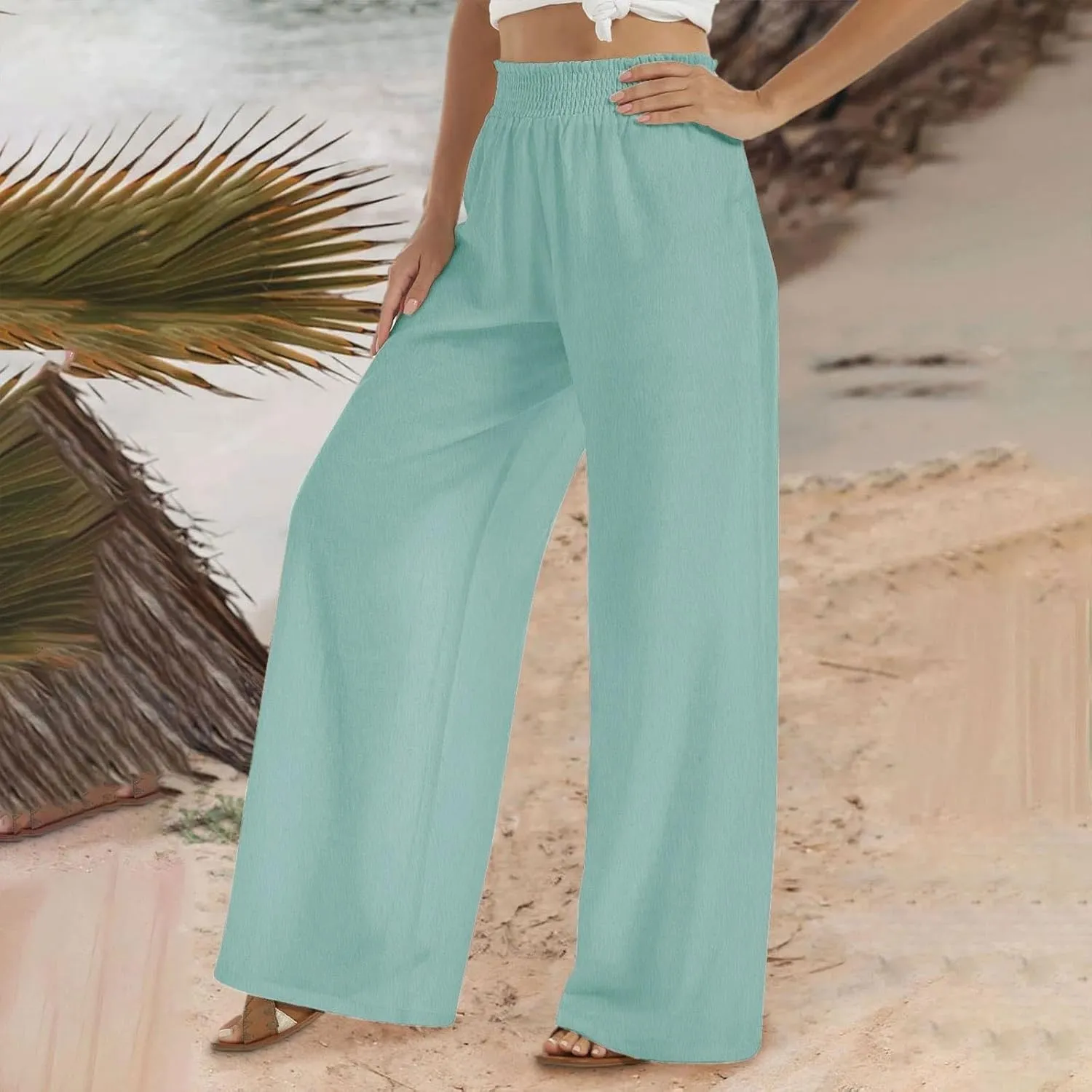 Women's Palazzo Pants High Waisted Boho Casual Drawstring Linen Pants Trousers with Pockets Linen Blend Cargo Pants