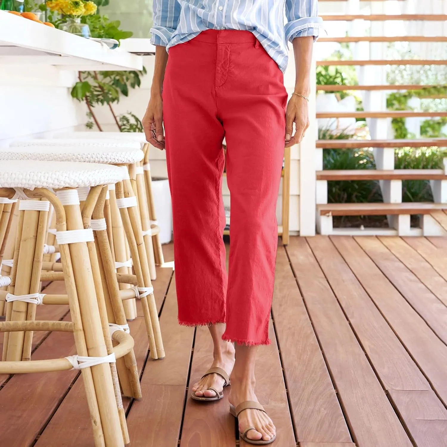 Women's Pants, Straight Leg Casual Pants Peasant Linen Breathable Stripe 2025 Palazzo