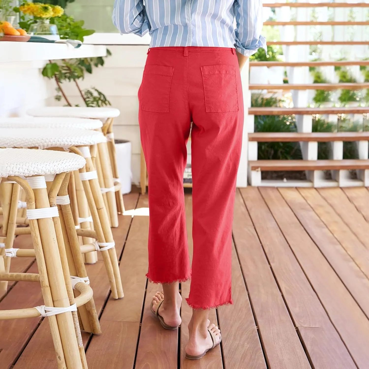 Women's Pants, Straight Leg Casual Pants Peasant Linen Breathable Stripe 2025 Palazzo