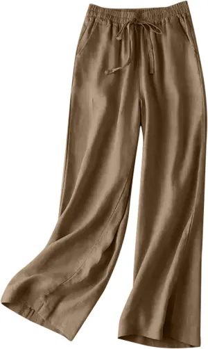 Women's Pants, Wide Leg Cotton Linen Straight High Waisted Pants Lightweight Smocked
