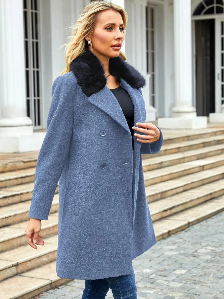 Womens Pea Coat Warm Double Breasted Wool Pea Coat Mid-Long Trench Coat Jacket Winter Lapel Jacket Outwear