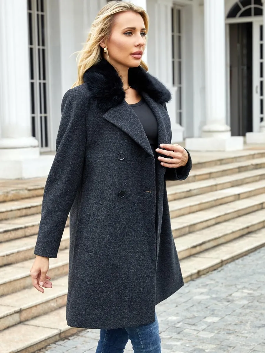 Womens Pea Coat Warm Double Breasted Wool Pea Coat Mid-Long Trench Coat Jacket Winter Lapel Jacket Outwear