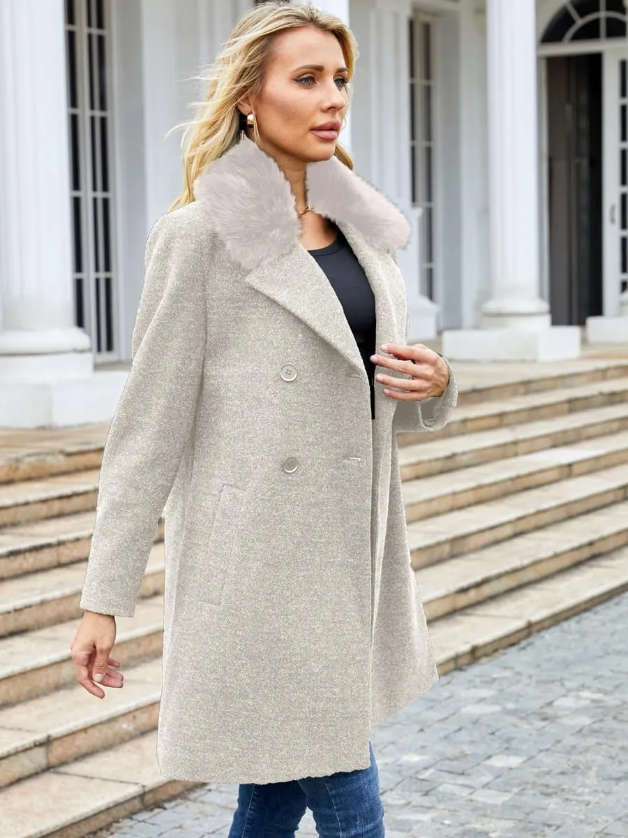 Womens Pea Coat Warm Double Breasted Wool Pea Coat Mid-Long Trench Coat Jacket Winter Lapel Jacket Outwear