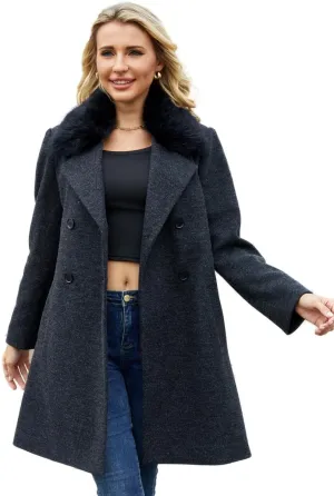 Womens Pea Coat Warm Double Breasted Wool Pea Coat Mid-Long Trench Coat Jacket Winter Lapel Jacket Outwear
