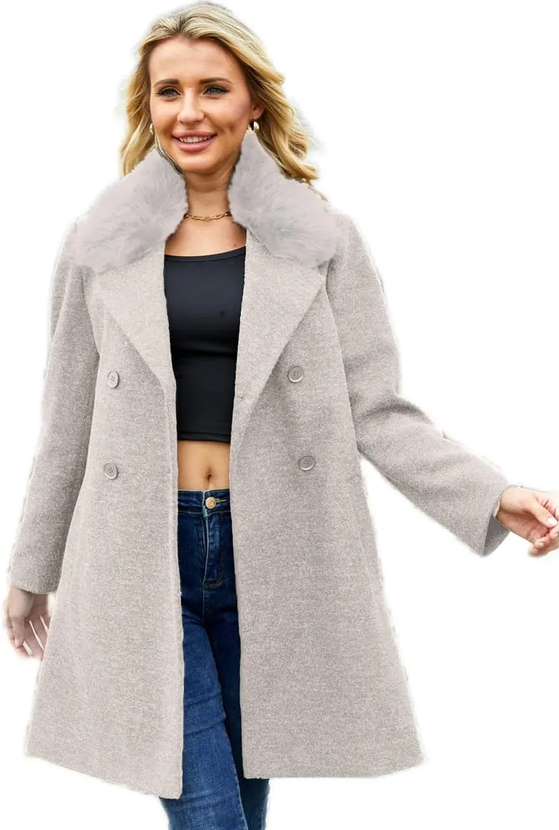 Womens Pea Coat Warm Double Breasted Wool Pea Coat Mid-Long Trench Coat Jacket Winter Lapel Jacket Outwear