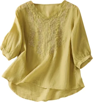 Womens Peasant Tops and Blouses Summer Fashion Embroidered Shirts Fashion Short Sleeve Cotton Linen Shirt