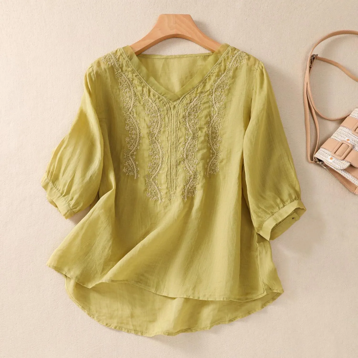 Womens Peasant Tops and Blouses Summer Fashion Embroidered Shirts Fashion Short Sleeve Cotton Linen Shirt