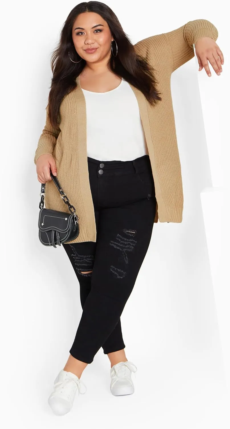Women's Plus Size Boyfriend Rib Knit Open Front Cardigan