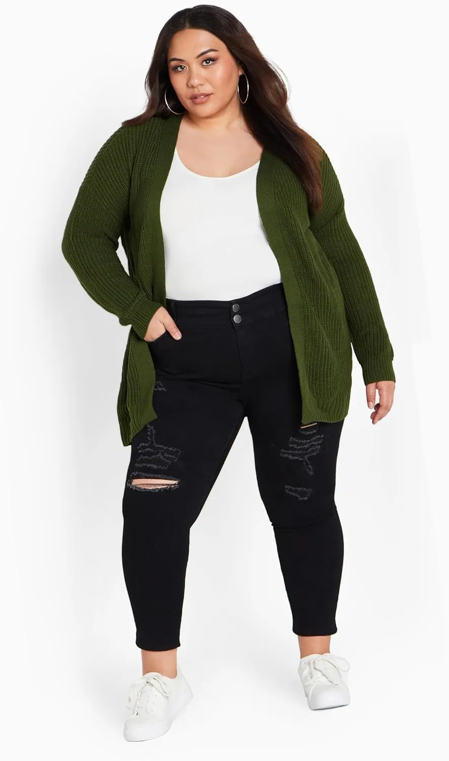Women's Plus Size Boyfriend Rib Knit Open Front Cardigan