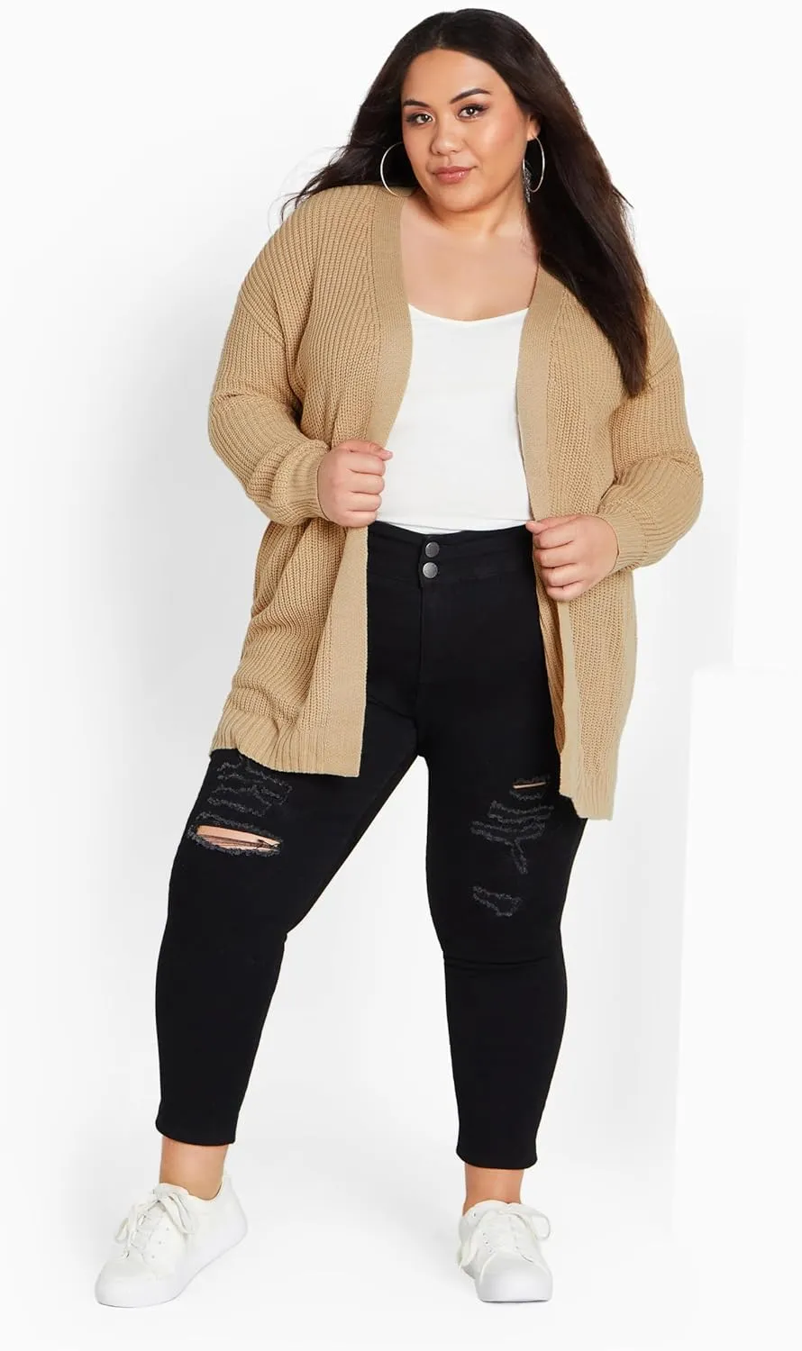 Women's Plus Size Boyfriend Rib Knit Open Front Cardigan