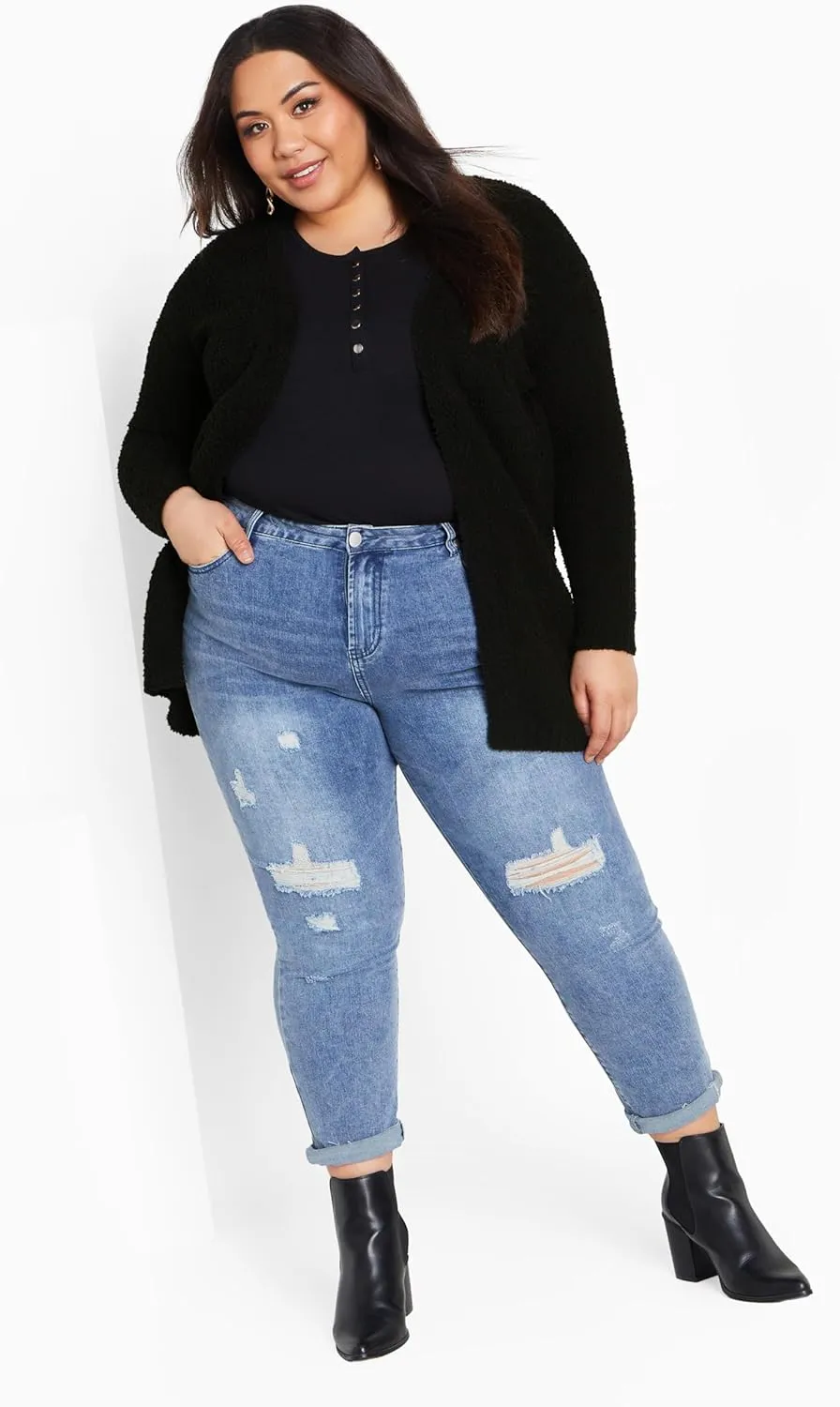 Women's Plus Size Boyfriend Rib Knit Open Front Cardigan