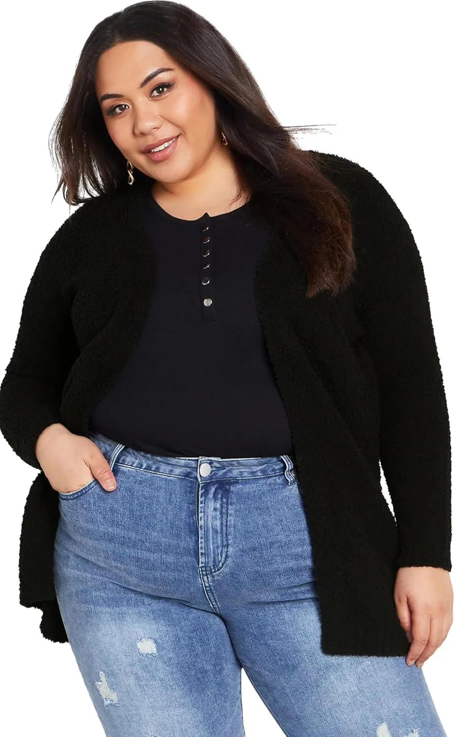 Women's Plus Size Boyfriend Rib Knit Open Front Cardigan