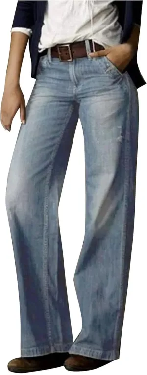 Women's Plus Size Flare Jeans Vintage High Waisted Baggy Wide Leg Denim Pants Straight Leg Pull On Jeans Pockets