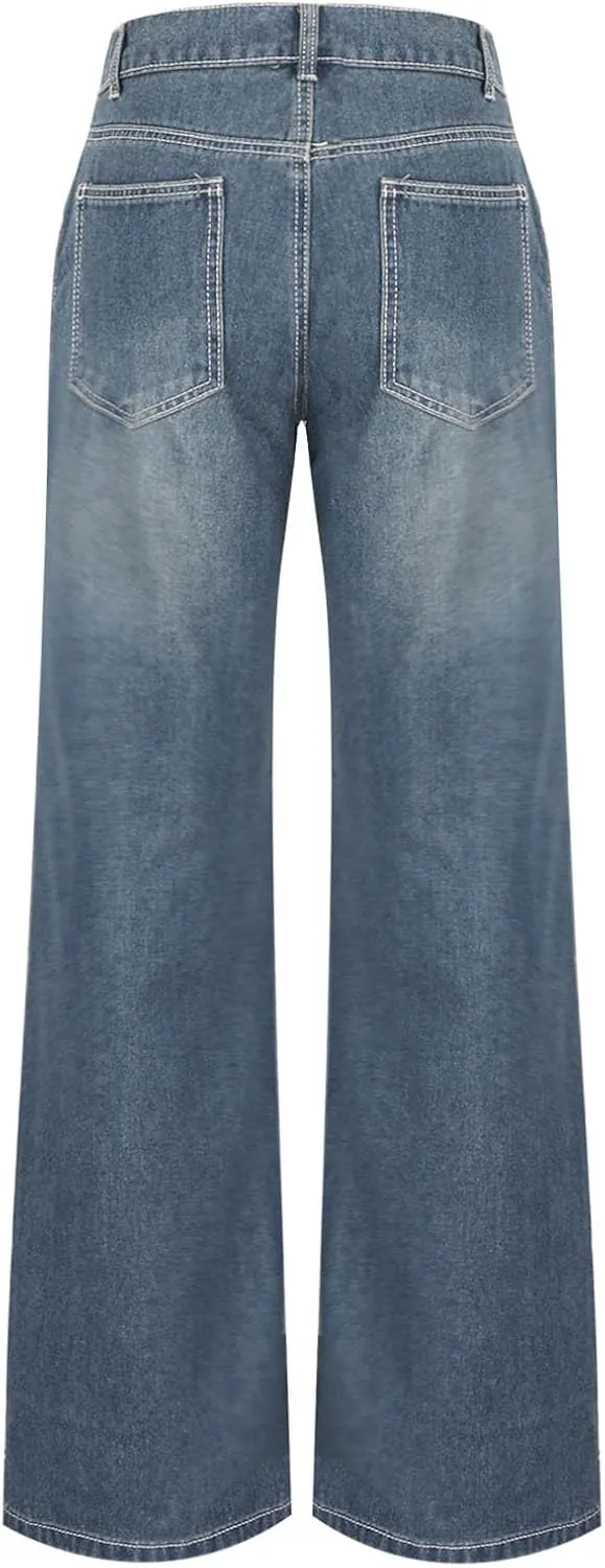 Women's Plus Size Flare Jeans Vintage High Waisted Baggy Wide Leg Denim Pants Straight Leg Pull On Jeans Pockets