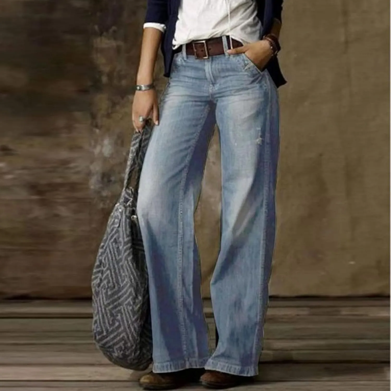 Women's Plus Size Flare Jeans Vintage High Waisted Baggy Wide Leg Denim Pants Straight Leg Pull On Jeans Pockets