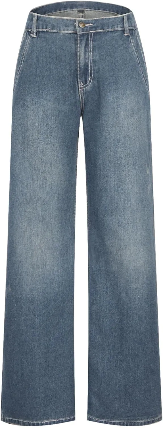 Women's Plus Size Flare Jeans Vintage High Waisted Baggy Wide Leg Denim Pants Straight Leg Pull On Jeans Pockets