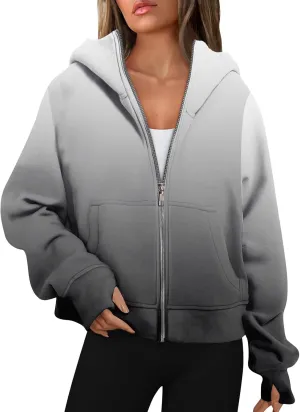 Womens Plus Size Sweatshirt Full Zipper Long Sleeve Coats Thumb Hole Zip Up Hoodie Solid Color Pullover with Pockets