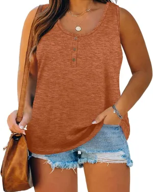 Womens Plus Size Tank Tops Summer Sleeveless Henley T-Shirts Tops Casual Button Down Tunics Shirts
