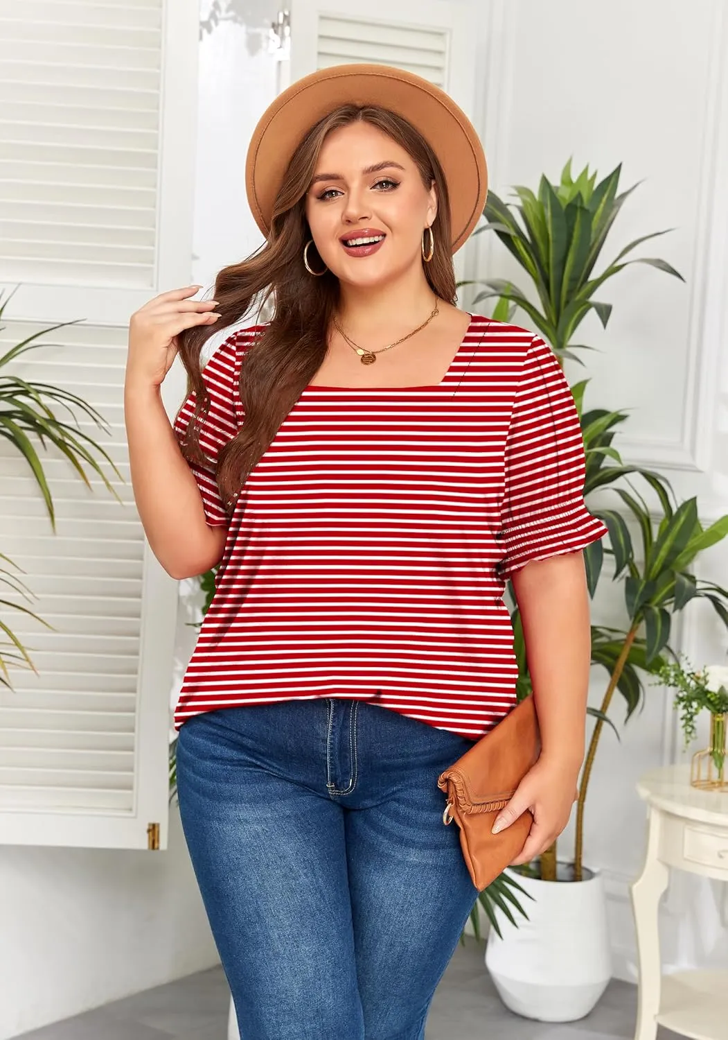 Women's Plus Size Tops Square Neck Blouses Short Sleeve T Shirts Casual Ruffle Trim Sleeve Tunic Tops