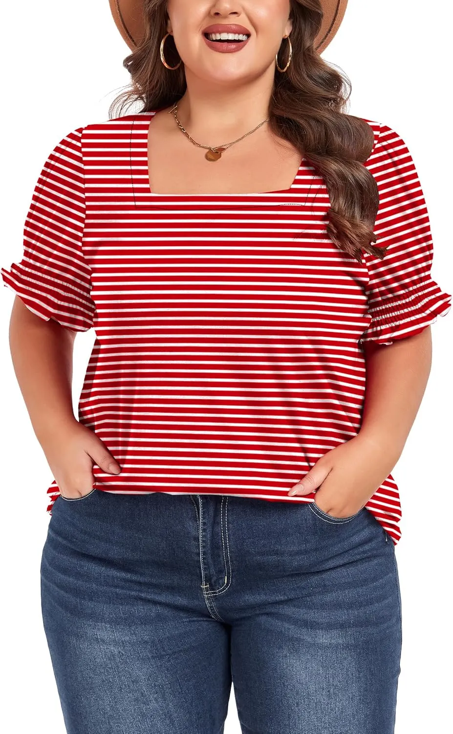Women's Plus Size Tops Square Neck Blouses Short Sleeve T Shirts Casual Ruffle Trim Sleeve Tunic Tops