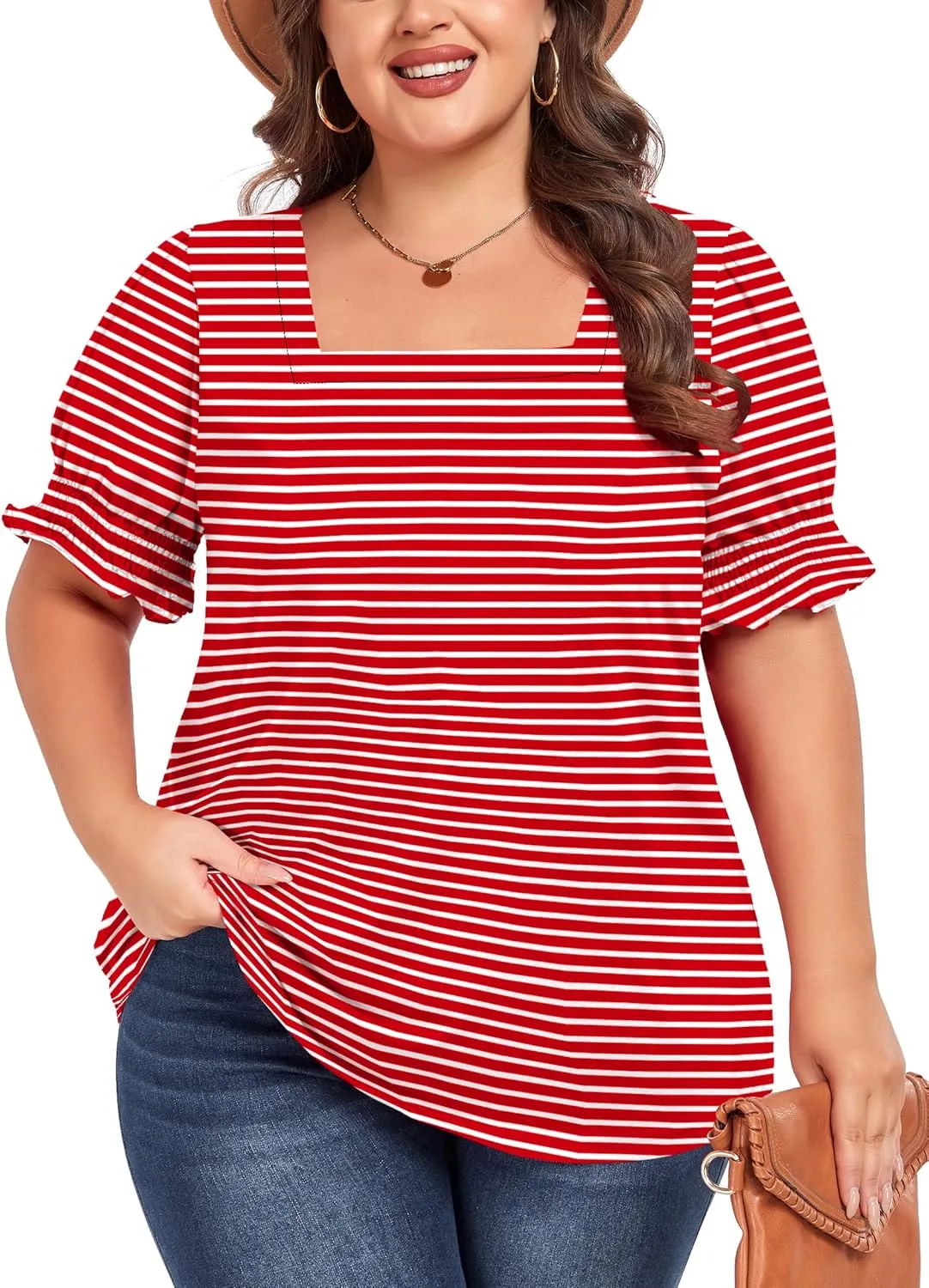 Women's Plus Size Tops Square Neck Blouses Short Sleeve T Shirts Casual Ruffle Trim Sleeve Tunic Tops