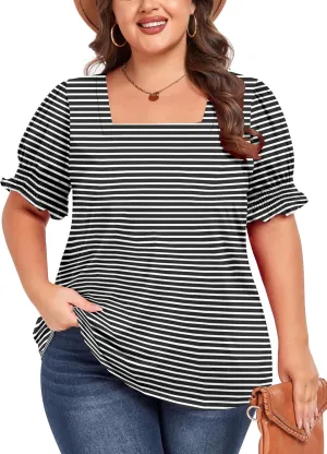 Women's Plus Size Tops Square Neck Blouses Short Sleeve T Shirts Casual Ruffle Trim Sleeve Tunic Tops