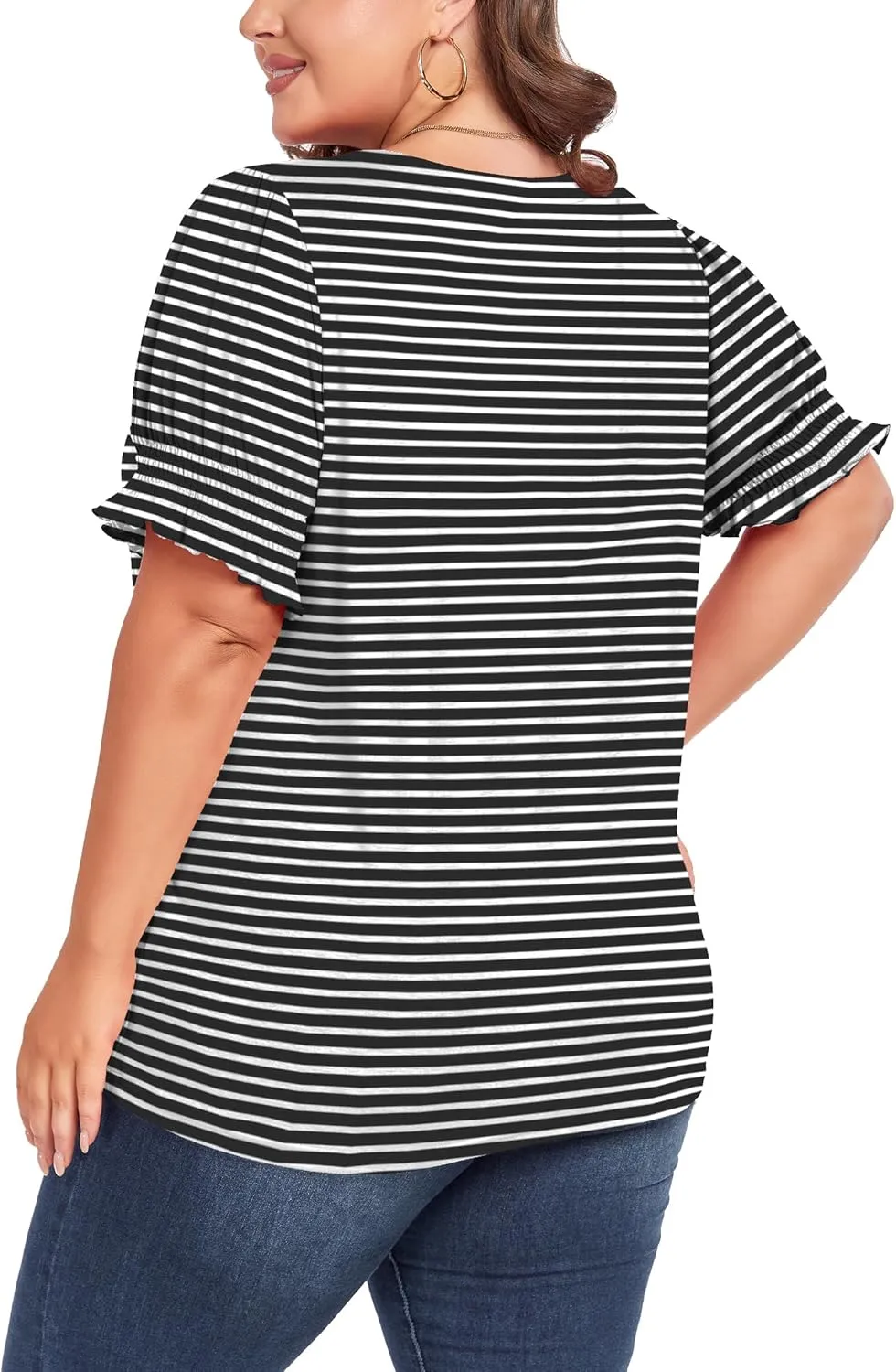 Women's Plus Size Tops Square Neck Blouses Short Sleeve T Shirts Casual Ruffle Trim Sleeve Tunic Tops
