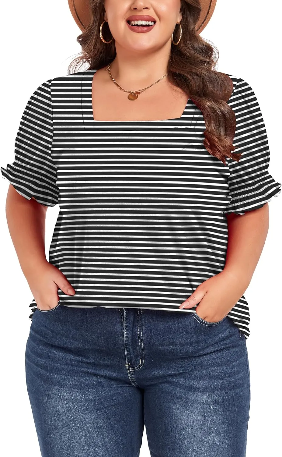 Women's Plus Size Tops Square Neck Blouses Short Sleeve T Shirts Casual Ruffle Trim Sleeve Tunic Tops