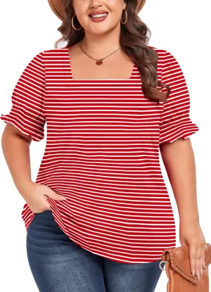 Women's Plus Size Tops Square Neck Blouses Short Sleeve T Shirts Casual Ruffle Trim Sleeve Tunic Tops