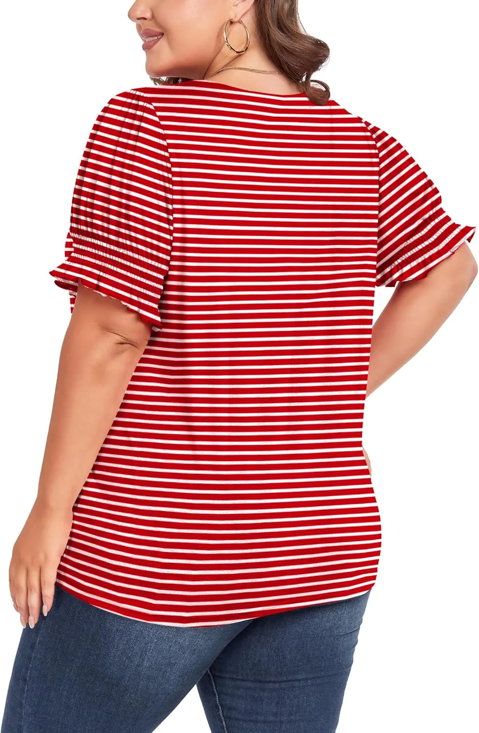 Women's Plus Size Tops Square Neck Blouses Short Sleeve T Shirts Casual Ruffle Trim Sleeve Tunic Tops