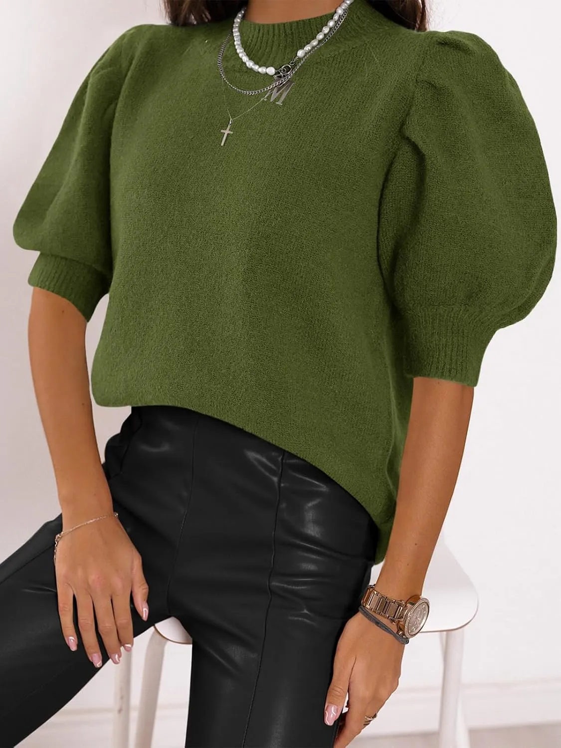 Women's Puff Short Sleeve Sweater Tops 2025 Spring Summer Trendy Crew Neck Casual T Shirts Blouses
