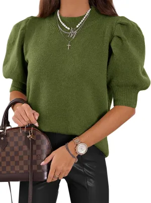 Women's Puff Short Sleeve Sweater Tops 2025 Spring Summer Trendy Crew Neck Casual T Shirts Blouses
