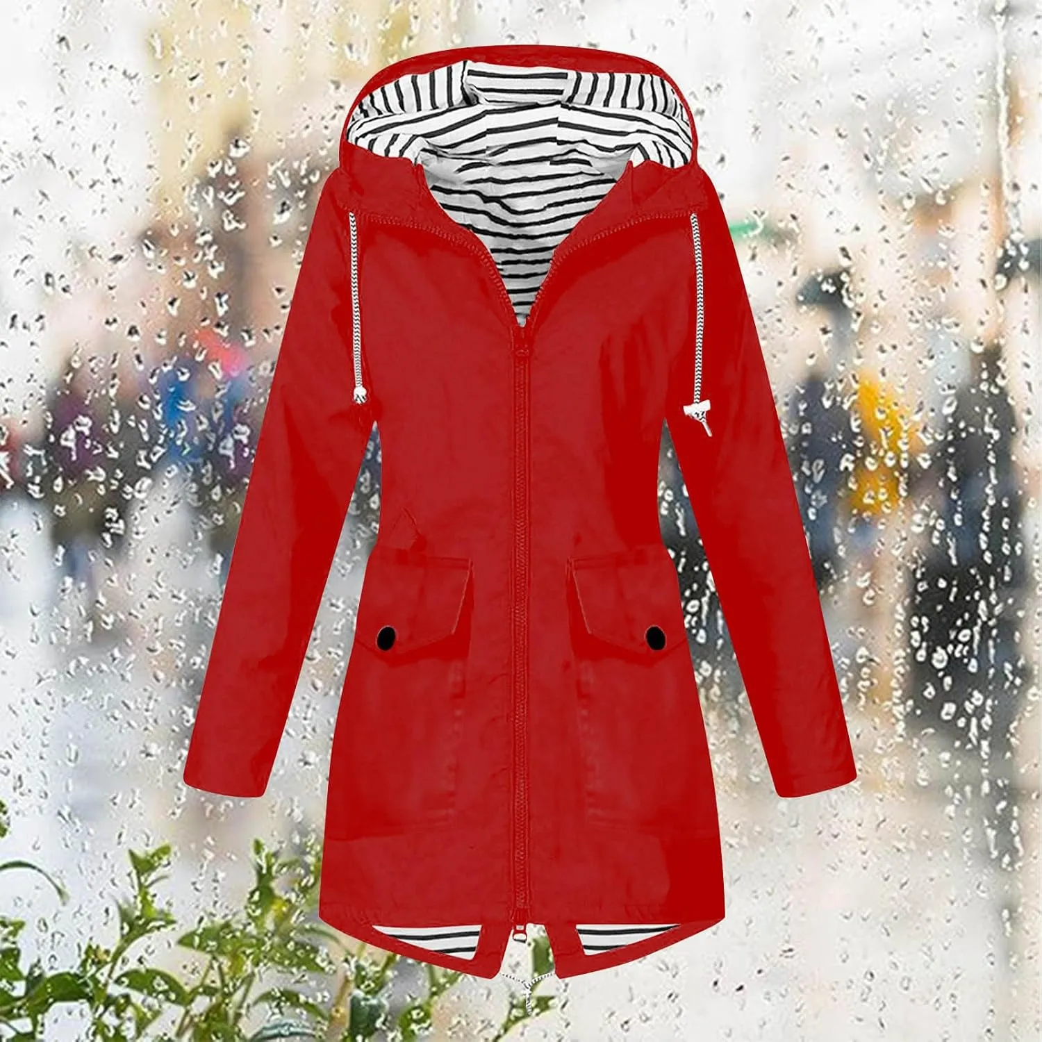 Women's Raincoat Windbreaker Zipper Hoodies Rain Jacket Waterproof Lightweight Outdoor Rain Coat Hooded Trench Coats
