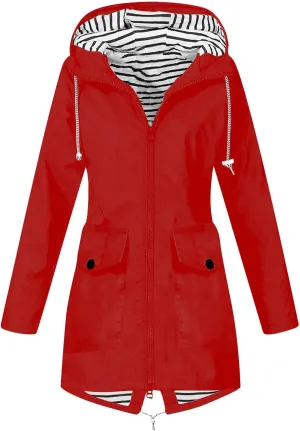 Women's Raincoat Windbreaker Zipper Hoodies Rain Jacket Waterproof Lightweight Outdoor Rain Coat Hooded Trench Coats