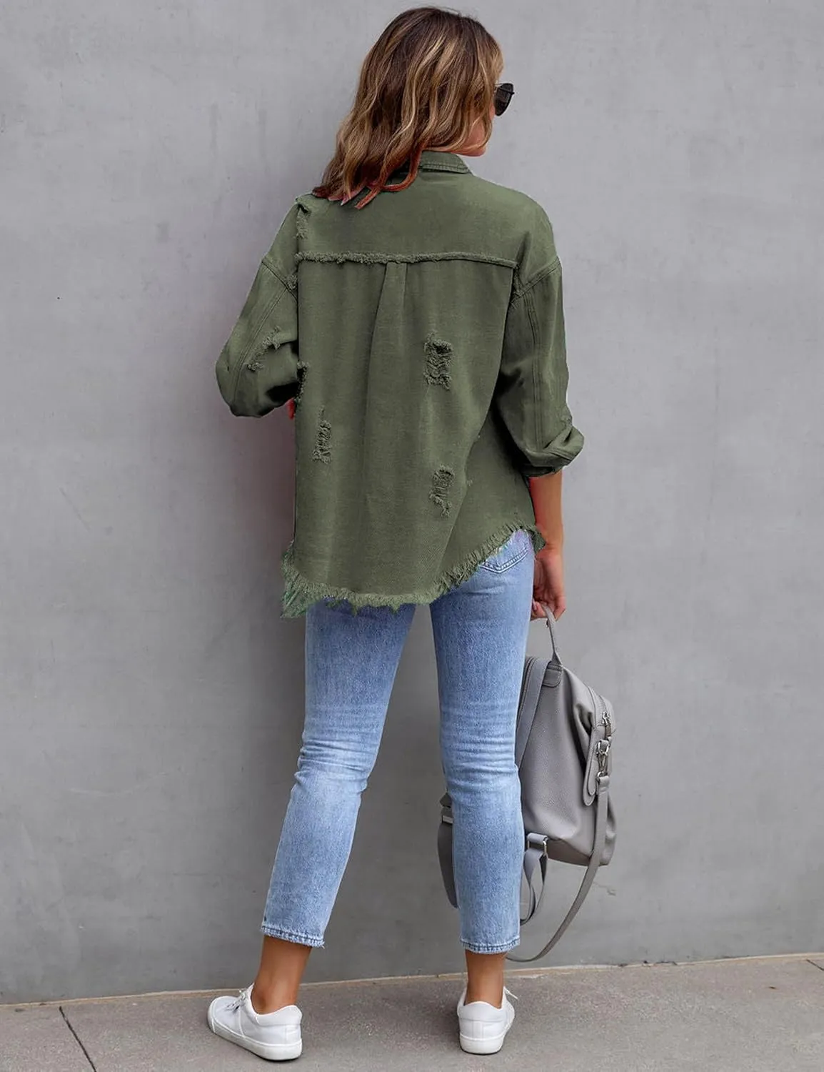 Womens Ripped Distressed Denim Jacket Tops Oversized Casual Long Sleeve Basic Jean Jacket Coats