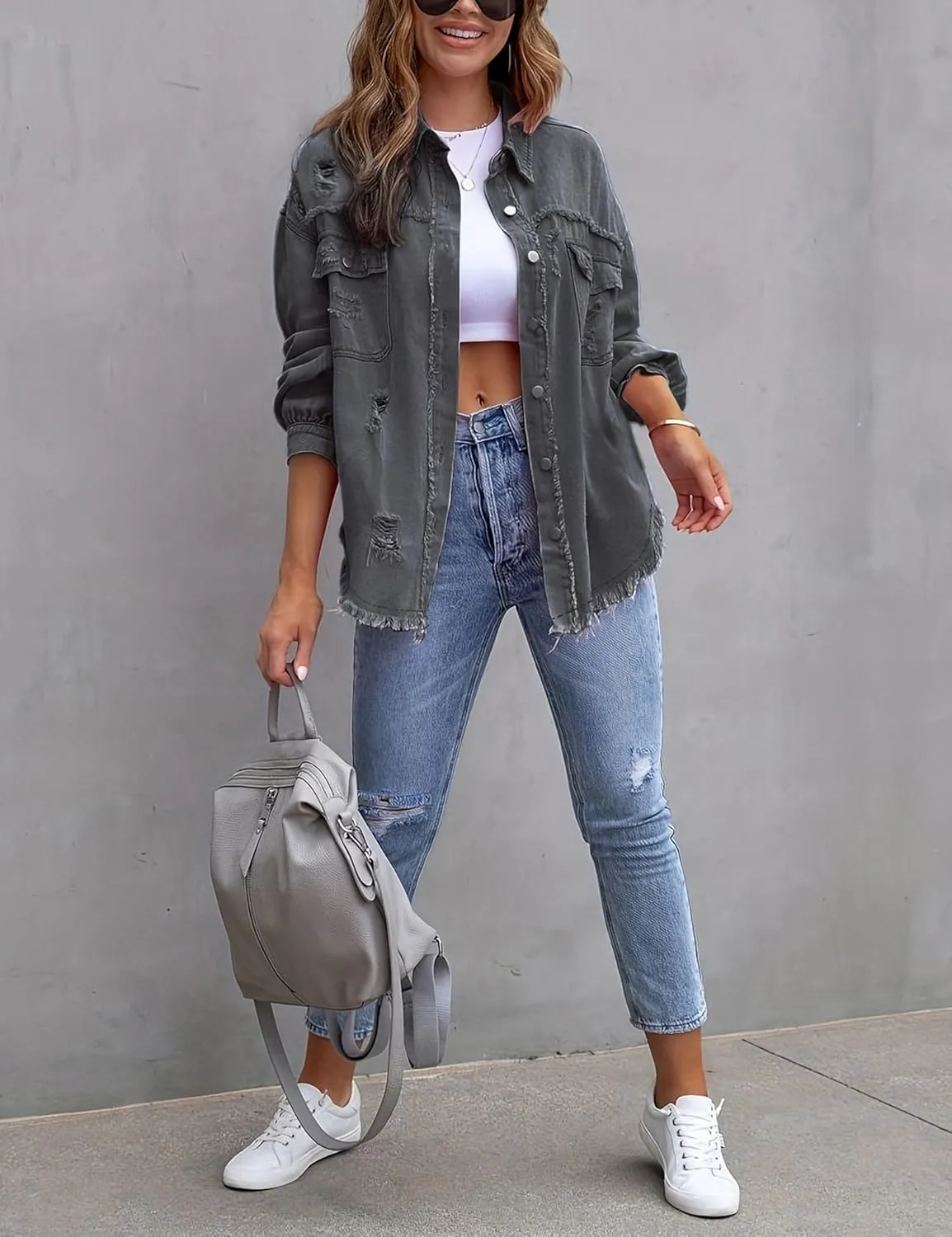 Womens Ripped Distressed Denim Jacket Tops Oversized Casual Long Sleeve Basic Jean Jacket Coats