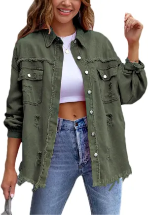 Womens Ripped Distressed Denim Jacket Tops Oversized Casual Long Sleeve Basic Jean Jacket Coats